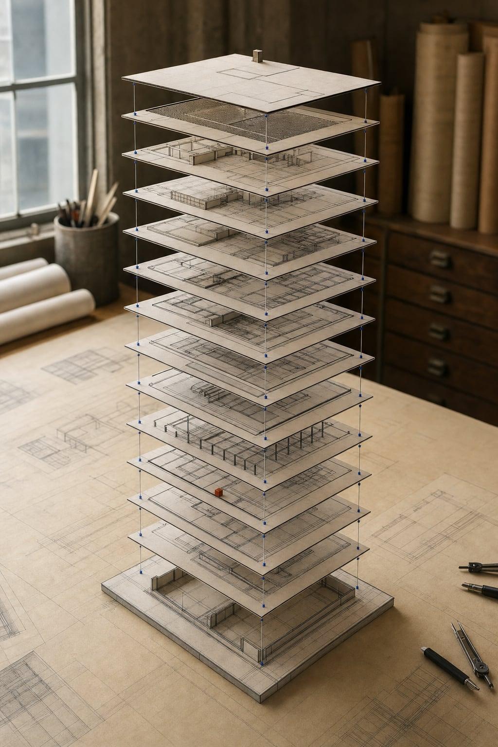 An exploded stack of transparent architectural layers above an engineering drawing table.