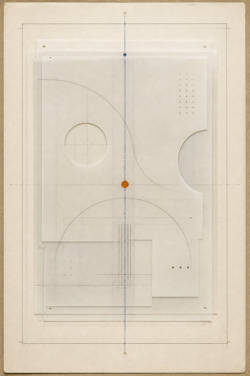 A minimal technical tracing on bone paper with geometric engineering marks and one vermilion point.