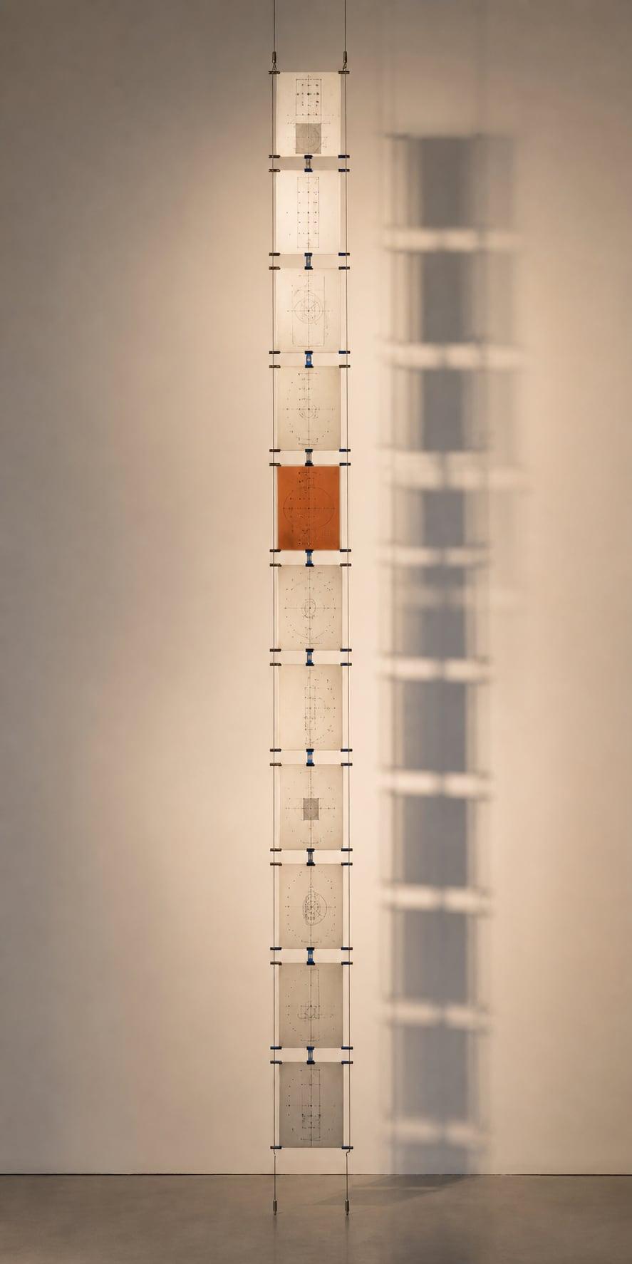A tall vertical engineering sequence with one vermilion control module and its cast shadow.